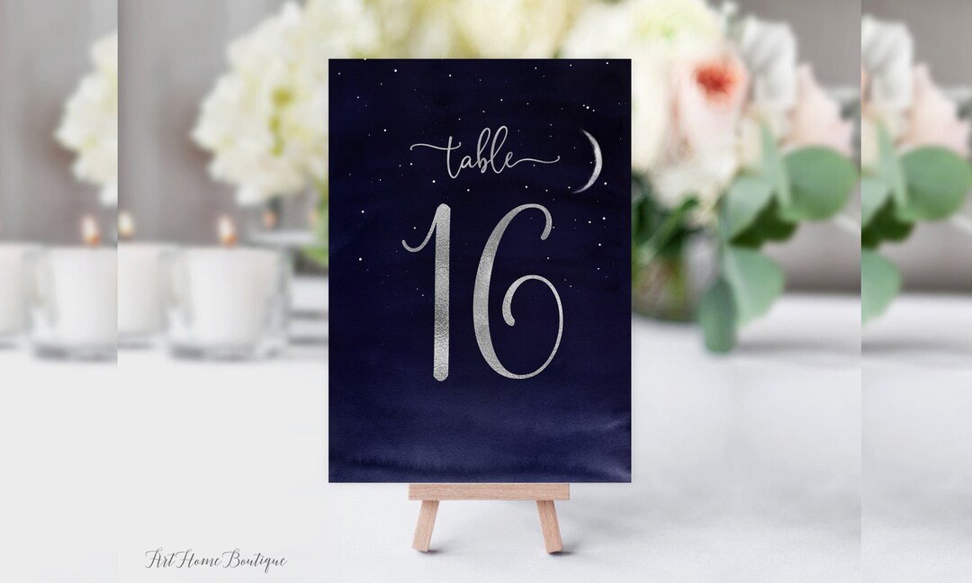 Large Star Table Numbers Starry Night Table Numbers, Moon Table Numbers, Navy Silver Table ...