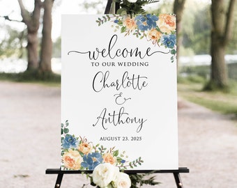 Peach and Dusty Blue Wedding Welcome Sign, Dusty Blue Wedding Sign, Peach Wedding Sign, Digital File, W1617