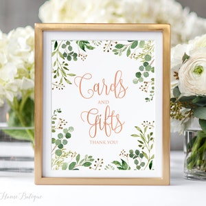 Letrero de regalos y tarjetas de jardín, letrero de mesa de regalo de vegetación, letrero de regalos y tarjetas de baby shower, letrero de eucalipto, oro rosa, W35, BS35