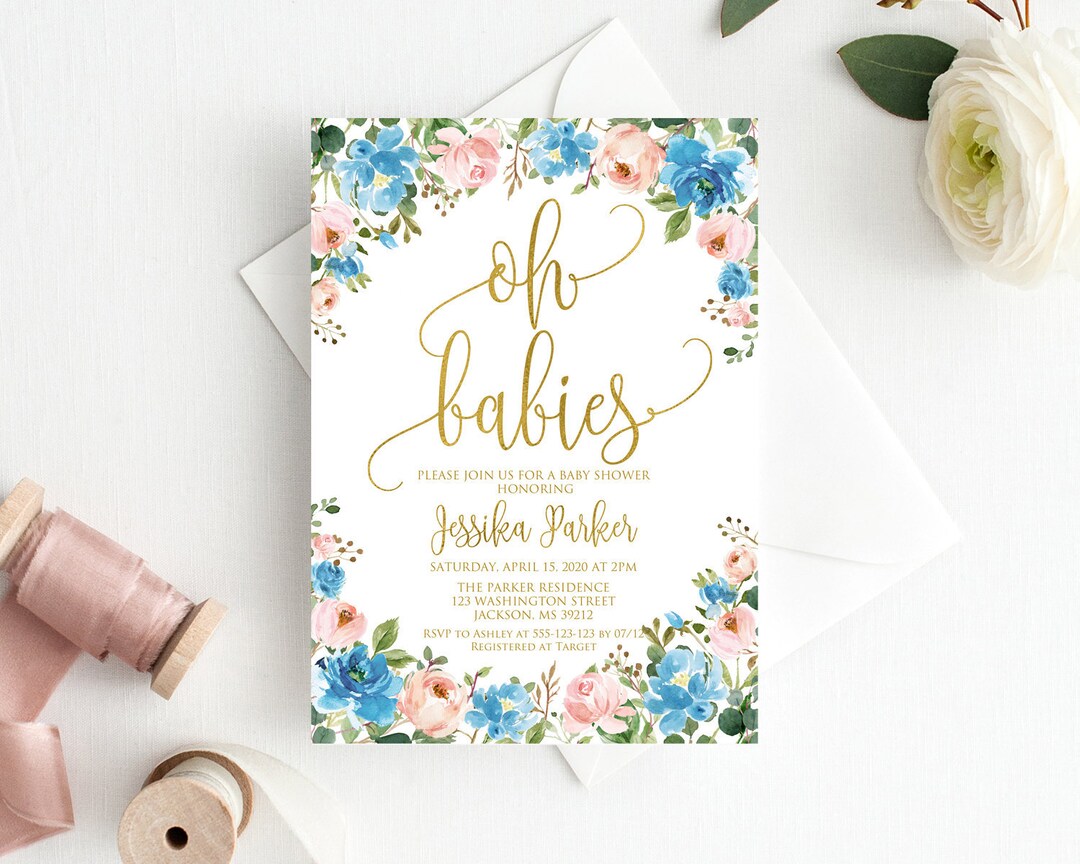 Blue and Pink Baby Shower Invitation, Oh Babies Invitation, Twins Baby ...