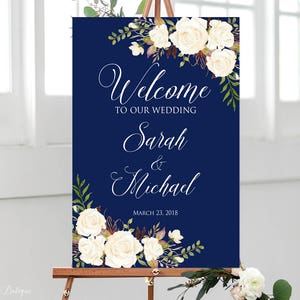 Welcome Wedding Sign, Welcome To Our Wedding Sign, Navy and White Welcome Wedding Sign, Floral Welcome Wedding Sign, Large Welcome Sign W223