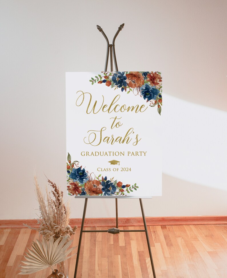Navy Grad Sign Navy Terracotta Graduation Party Welcome Sign, Rust and Navy Graduation ...