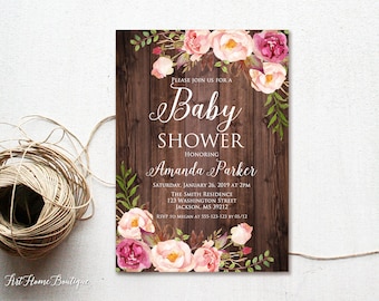 Rustic Baby Shower Invitation, Floral Baby Shower Invitation, Baby Shower Invitation, Watercolor Baby Shower Invite, Blush Pink, W306