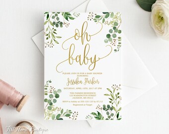 Grün-Babyparty-Einladung, Oh Baby-Einladung, Gold-Babyparty-Einladung, Kalligraphie-Einladung, Eukalyptus-Baby-Dusche, BS33