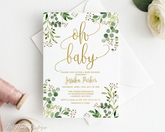 Greenery Baby Shower Invitation, Oh Baby Invitation, Gold Baby Shower Invite, Calligraphy Invitation, Eucalyptus Baby Shower, BS33