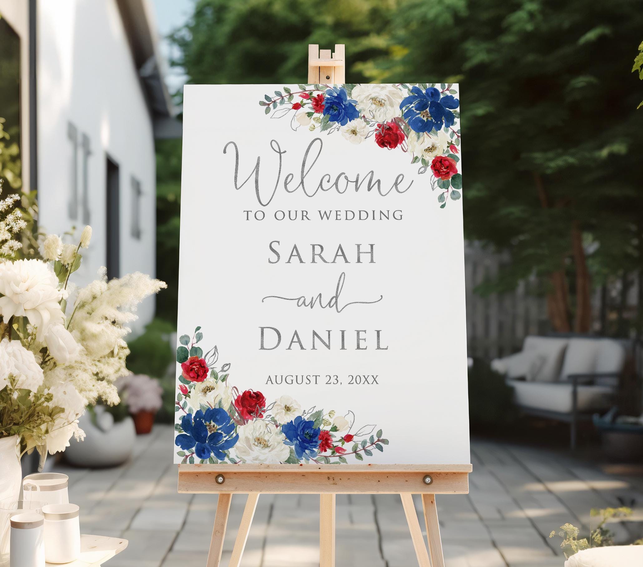 Printed or Digital Red Blue White Wedding Welcome Sign, W1652-1