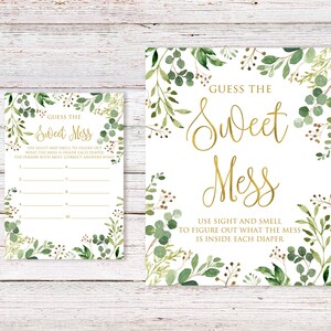 Baby Shower Dirty Diaper Game, Greenery Baby Shower Guess the Sweet Mess Cards, Garden Baby Shower, Digital File, BS33