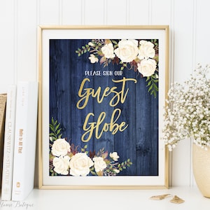 Navy Guest Globe Sign, Wedding Guest Book Sign, Alternate Guest Book Sign, Rustic Wedding Sign, White Flowers, Printable Sign, W764