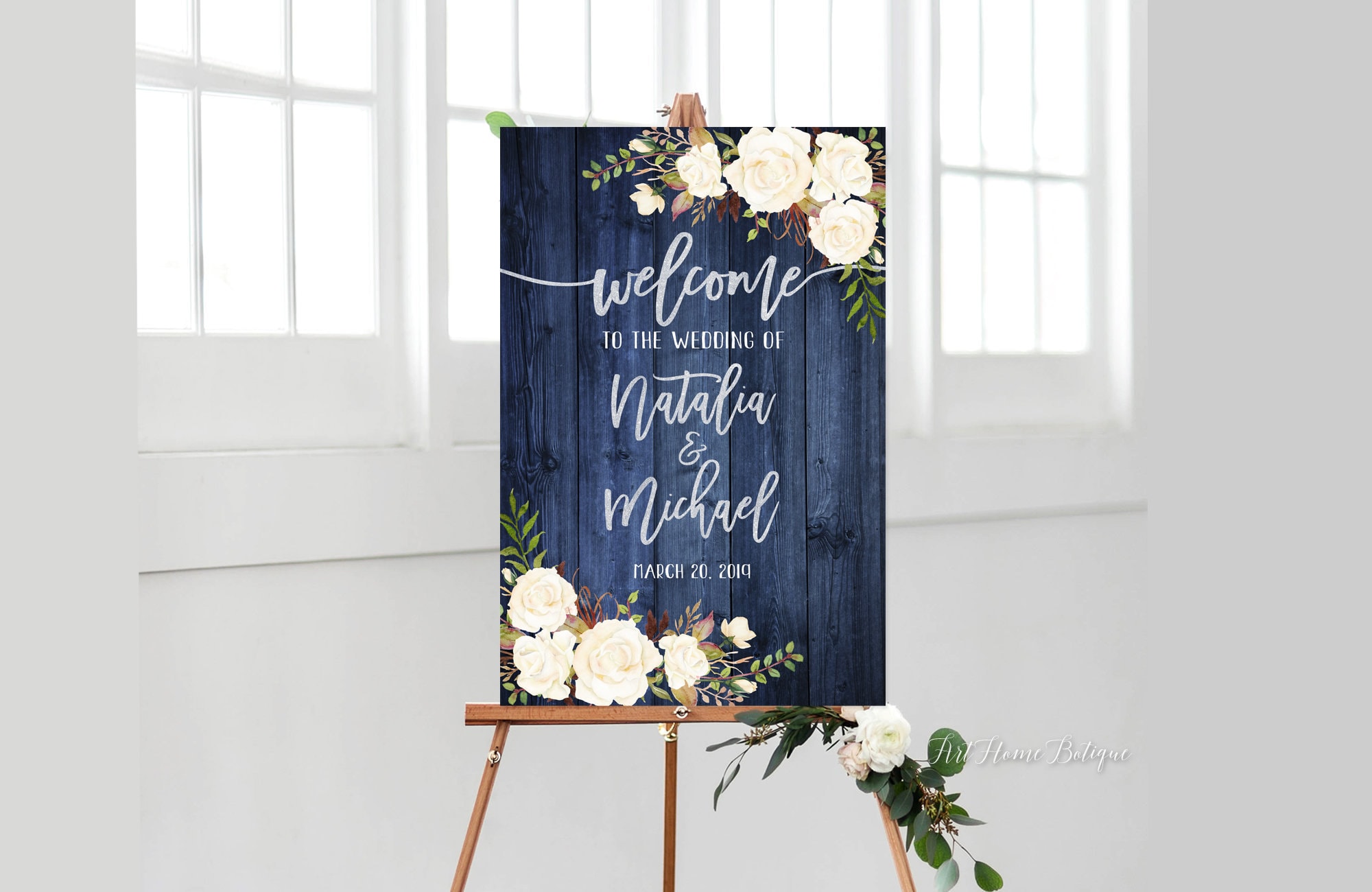 Rustic Wedding Welcome Sign White Flowers Rustic Navy and | Etsy