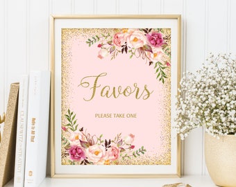 Favors Sign, Wedding Favor Sign, Please Take One Sign, Pink and Gold Floral Wedding Sign, Printable Wedding Sign, W02