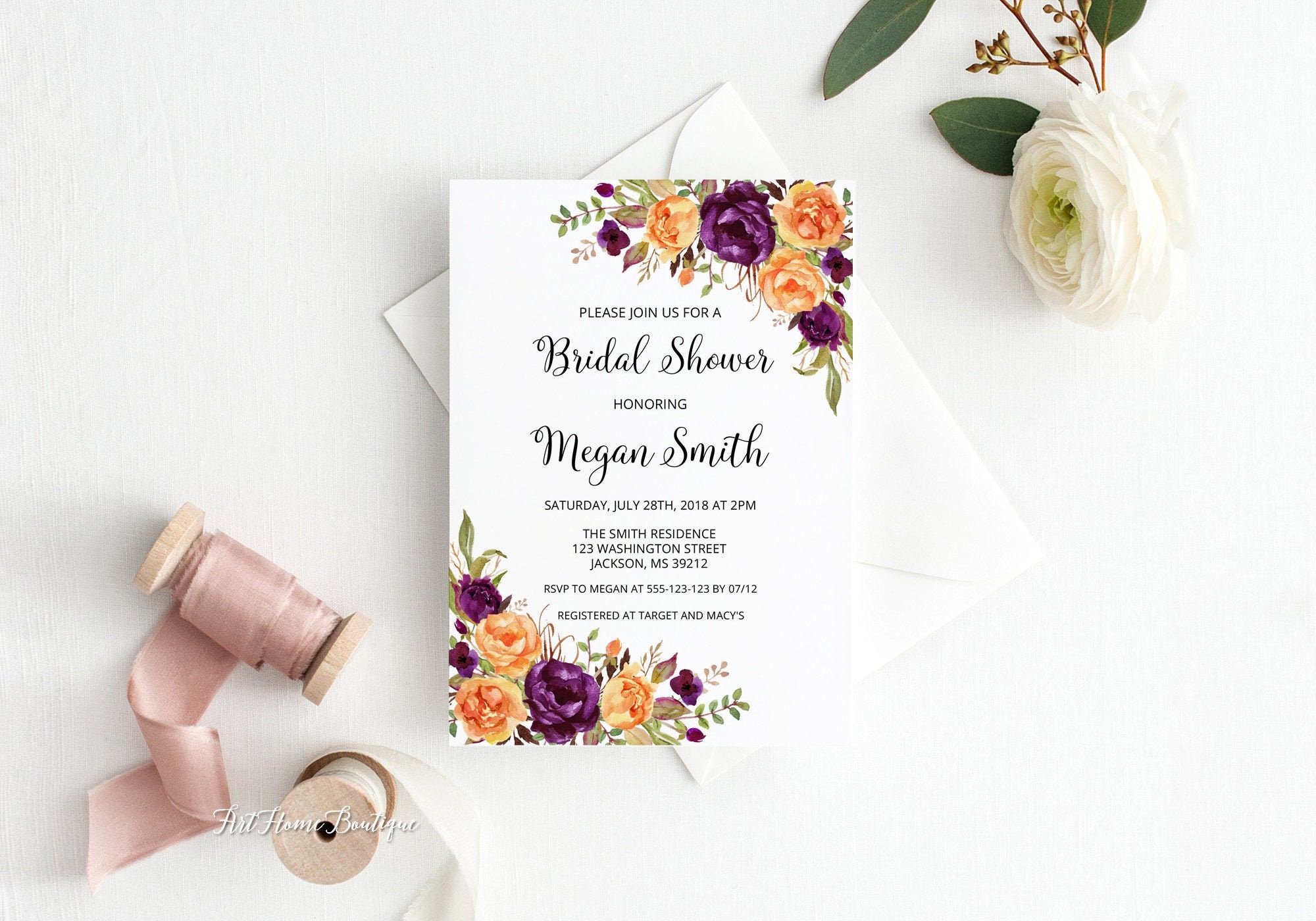 Purple and Orange Bridal Shower Invitation Fall Bridal Shower Invitation Boho Bridal Shower Invite W952