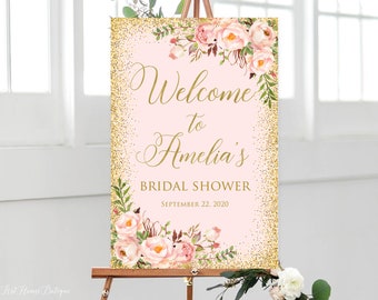 Panneau de bienvenue pour Shower nuptiale, panneau de bienvenue pour shower de mariage rose fard à joues, fard à joues et or, panneau imprimable, W547