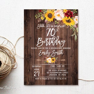 Surprise 70th Birthday Invitation, Any Age Surprise Birthday Invitation, Rustic Birthday Invitation, Sunflower Birthday Invite, W568