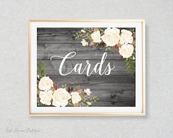 Rustic Cards Sign, Floral Wedding Sign, Cards Table Sign, White Flowers, Printable Sign, W725