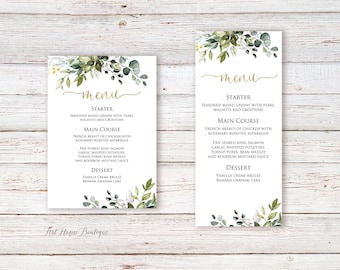 Tarjeta de menú de boda Greenery, Tarjeta de menú Greenery, Menú moderno imprimible, Menú botánico, Archivo digital, W1128