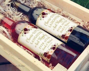 Etiquetas de botellas de vino de boda de Borgoña y oro, etiquetas de vino personalizadas, etiquetas de vino de oro de Borgoña, etiquetas de vino de cumpleaños, archivo digital, W1030