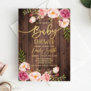 Uitnodiging babyshower, rustieke bloemen babyshower uitnodiging, uitnodiging babyshower, aquarel babyshower uitnodigen, blush roze, goud #BS85 afbeelding 1