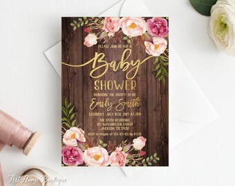 Babyparty-Einladung, rustikale Blumen-Babyparty-Einladung, Babyparty-Einladung, Aquarell-Babyparty-Einladung, Blush Rosa, Gold #BS85