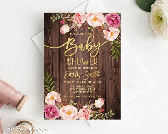 Baby Shower Invitation, Rustic Floral Baby Shower Invitation,  Baby Shower Invitation, Watercolor Baby Shower Invite, Blush Pink, Gold #BS85