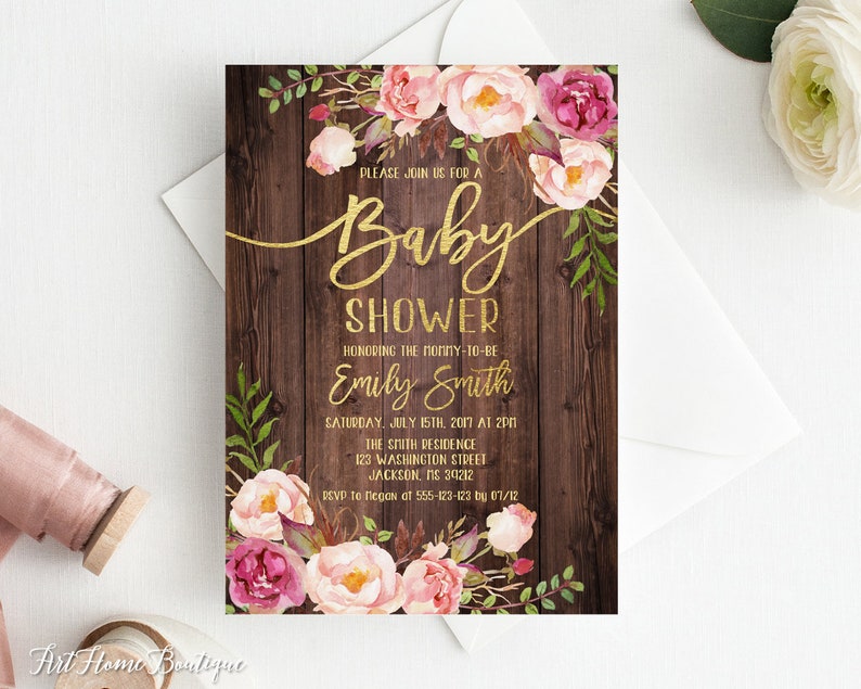 Uitnodiging babyshower, rustieke bloemen babyshower uitnodiging, uitnodiging babyshower, aquarel babyshower uitnodigen, blush roze, goud #BS85 afbeelding 1