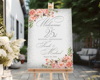 Printed or Digital Coral and Silver 25th Anniversary Welcome Sign