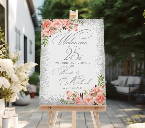 Printed or Digital Coral and Silver 25th Anniversary Welcome Sign