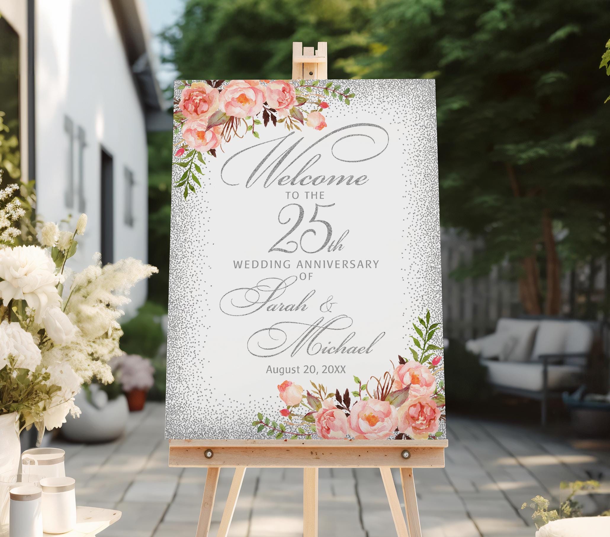 Printed or Digital Coral and Silver 25th Anniversary Welcome Sign