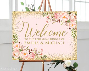 Rehearsal Dinner Welcome Sign, Blush Rehearsal Welcome Sign, Welcome Wedding Poster, Landscape Sign, Blush Flowers, W547