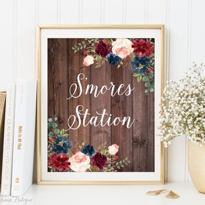 S&#39;mores Station Sign, S&#39;mores Bar Sign, S&#39;mores Wedding Sign, Boho Chic, Marsala, Navy, Printable Sign, W479