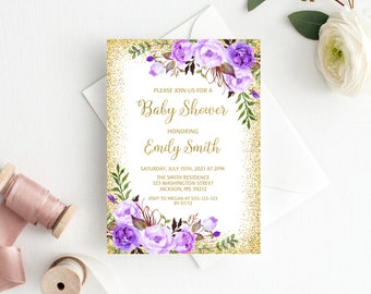 Baby Shower Invitation, Purple Baby Shower Invitation, Watercolor Baby Shower Invite, #W731