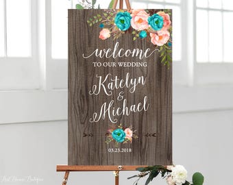 Rustic Welcome Wedding Sign, Teal and Coral Wedding Welcome Sign, Welcome To Our Wedding Sign,  Coral and Teal Welcome Sign, W239