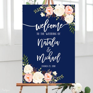 Willkommen zu Unserem Hochzeitsschild, Marine Willkommen Hochzeitsschild, Willkommen zu Unserem Hochzeitsschild, Weiße und Korallen Rosen, Printable Schild, W396