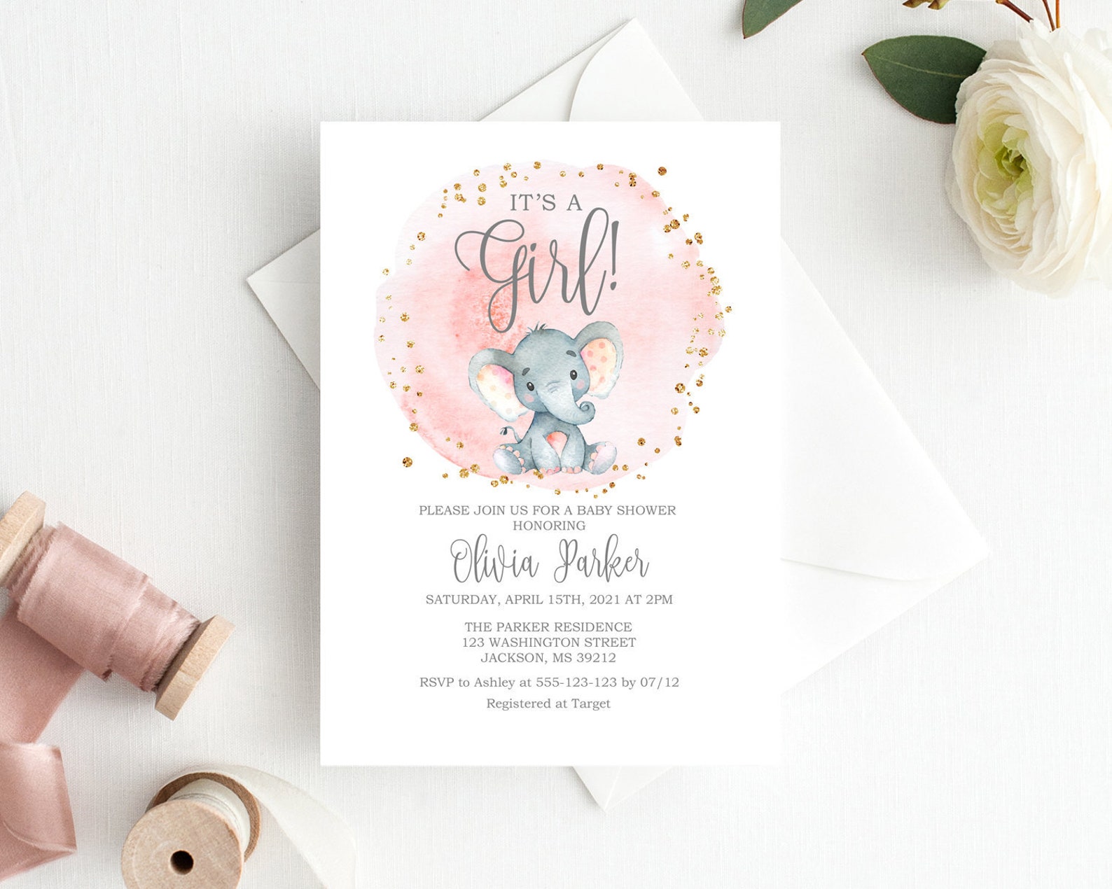 Elephant Baby Shower Invitation, It's a Girl Invitation, Pink and Gray ...
