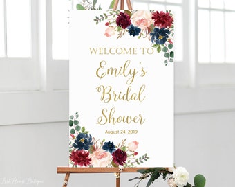 Welcome Bridal Shower Sign, Floral Bridal Shower Welcome Sign, Boho Welcome Sign, Marsala, Burgundy, Blush, Navy, Gold, W386