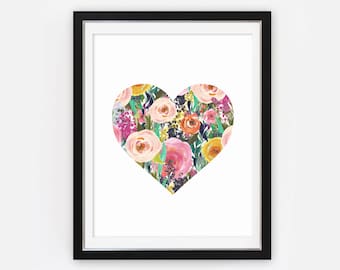Floral Heart print wall art print floral nursery print Flower Print Gallery Wall Prints watercolor flowers Dorm Decor Nursery Decor boho