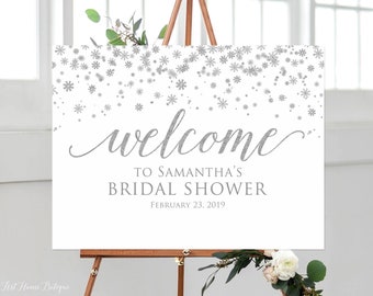 Winter Bridal Shower Welcome Sign, Snowflakes Bridal Shower Welcome Sign, Silver Bridal Shower Welcome Sign, Landscape, Digital file, W573
