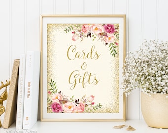 Cards and Gifts Sign, Gift Table Sign, Floral Printable Sign, Ivory Gold Sign, Boho Cards and Gifts Sign Printable, W23