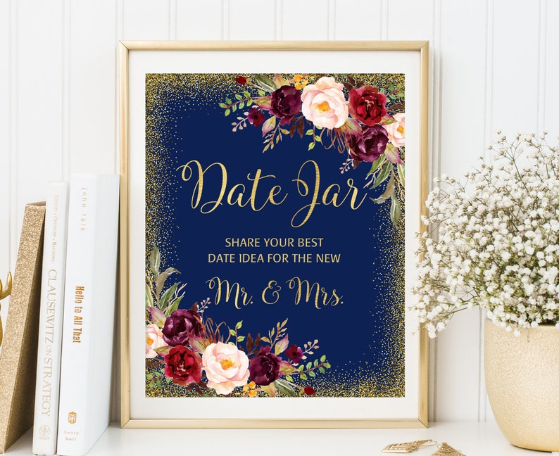 Date Night Wedding Sign Burgundy Navy Date Jar Sign Navy Wedding Sign W122 Boho Chic Wedding Sign Marsala Gold