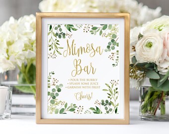 Placa para bar de mimosas com tema de folhagem, placa para bar de casamento no jardim, placa para bar de espumantes, placa para casamento com eucalipto, evento de casamento, chá de bebê ou noiva, W426