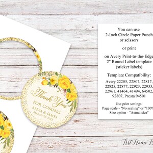 Yellow  Wedding Thank You Tags, Floral Favor Tags, Yellow Birthday Favor Tags, 2 inch Round Labels, Digital File, W715