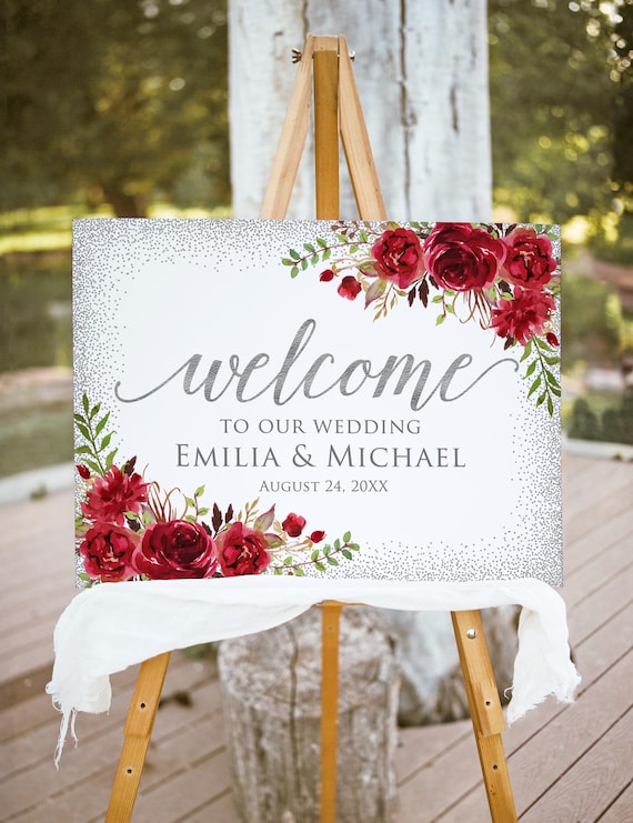 Printed or Digital Silver Red Wedding Welcome Sign, W356-2 - Etsy