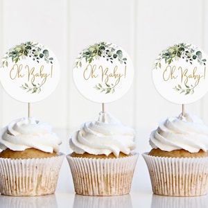 Greenery Oh Baby Cupcake Toppers, Botanical Baby Shower Cupcake Toppers, 2 inch Toppers, W1128