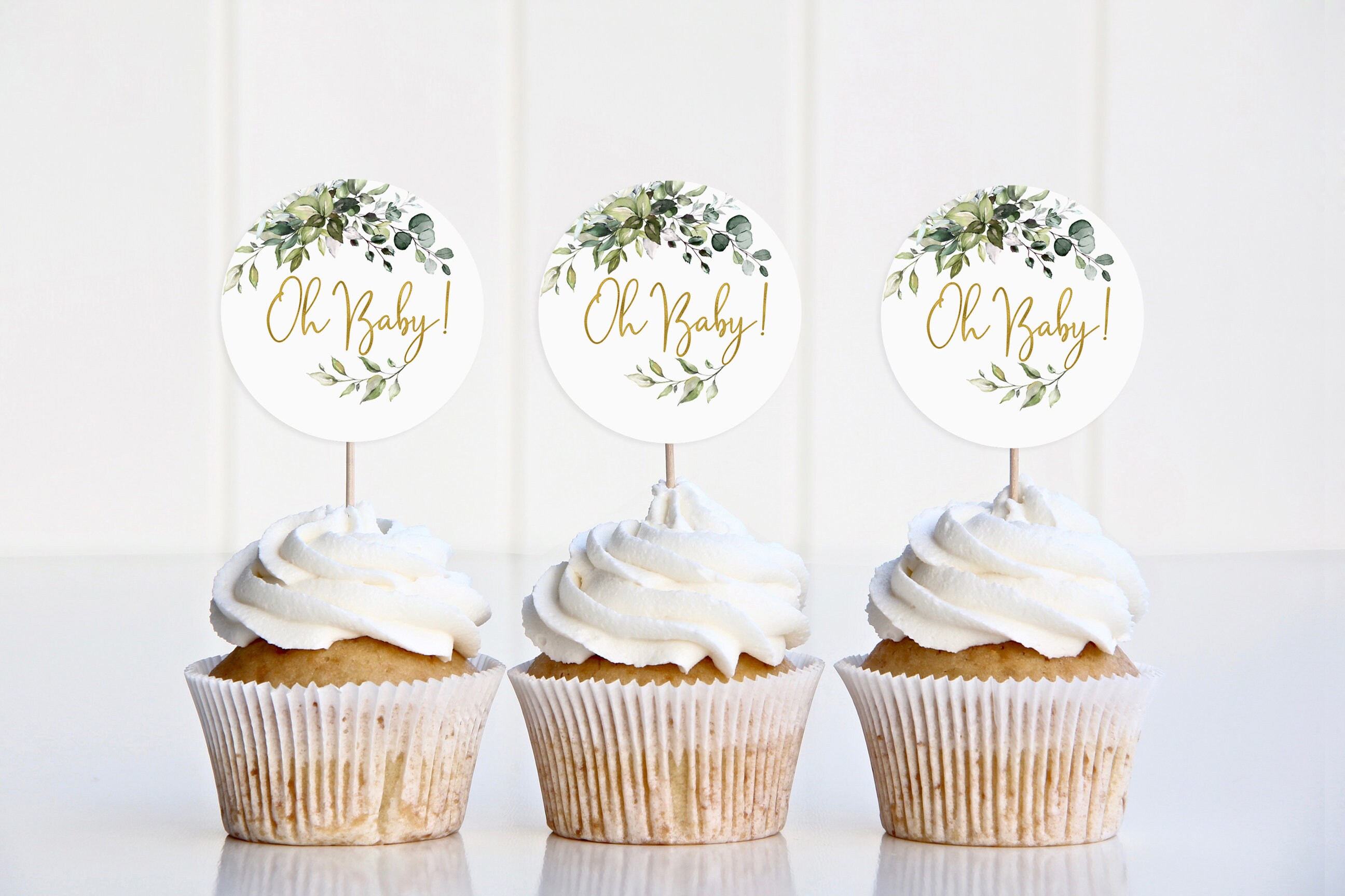 Greenery Oh Baby Cupcake Toppers Botanical Baby Shower Etsy