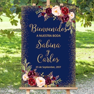 Bienvenidos a nuestra boda, letrero de bienvenida a nuestra boda, letrero de bienvenida a la boda en azul marino, letrero en español, letrero de bienvenida en color burdeos, W122-3