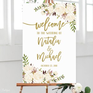 Signo de boda de bienvenida, Bienvenido a nuestro signo de boda, signo de bienvenida grande, signos de boda imprimibles, signo de bienvenida imprimible, rosas blancas, #W217