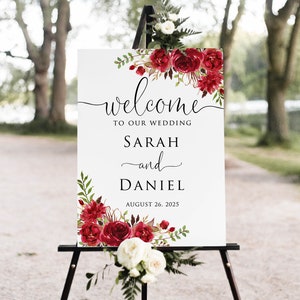 Red Wedding Welcome Sign, Floral Red Welcome Sign, Red Flowers, Digital file, W1423-1