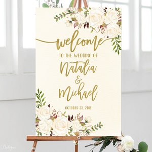 Welcome Wedding Sign, Ivory Welcome Wedding Sign, Welcome To Our Wedding Sign,  White Flowers, Printable Sign, Ivory and Gold Wedding, W344