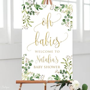 Greenery Oh Babies Welcome Sign, Twin Baby Shower Welcome Sign, Calligraphy Welcome to Baby Shower Sign, Eucalyptus Sign Digital file BS33-7