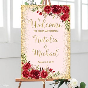 Welcome Wedding Sign, Welcome To Our Wedding Sign, Gold and Red Welcome Wedding Sign, Large Welcome Sign, W597