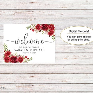 Red Wedding Welcome Sign, Red Welcome Sign, Red Flowers, Digital File ...